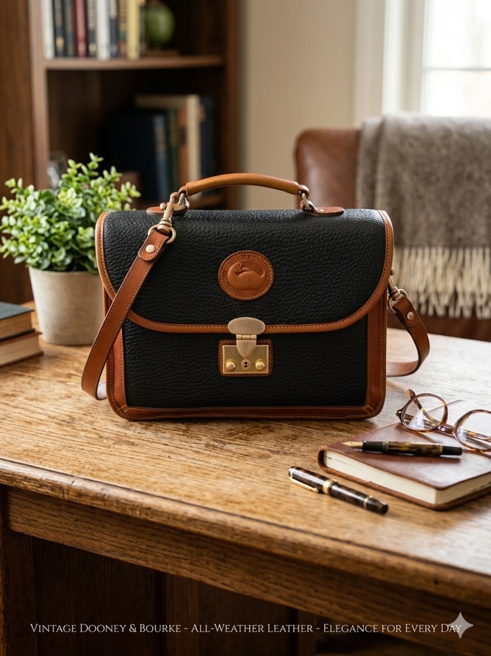 Vintage Dooney & Bourke Black Pebbled Leather Satchel with Brown Trim